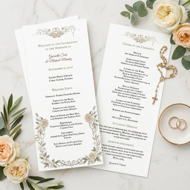 Elegant Rose Floral Catholic Wedding Ceremony  Programme (Creator Uploaded)