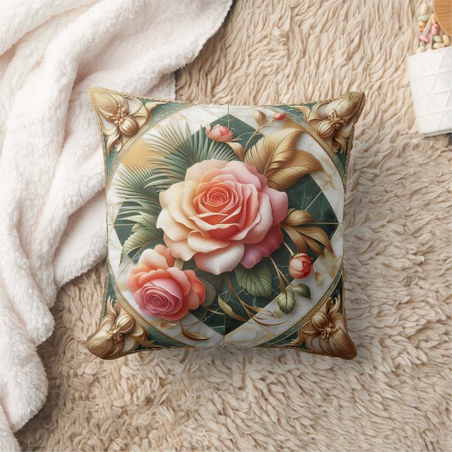 Elegant Rose Floral Design With Gold Accents Cushion (Blanket)