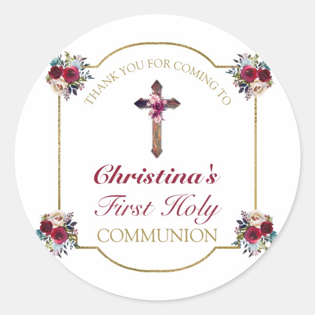 Elegant Rose Floral Gold First Holy Communion  Classic Round Sticker (Front)