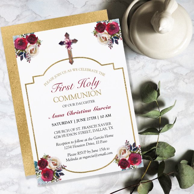 Elegant Rose Floral Gold First Holy Communion Invitation (Creator Uploaded)