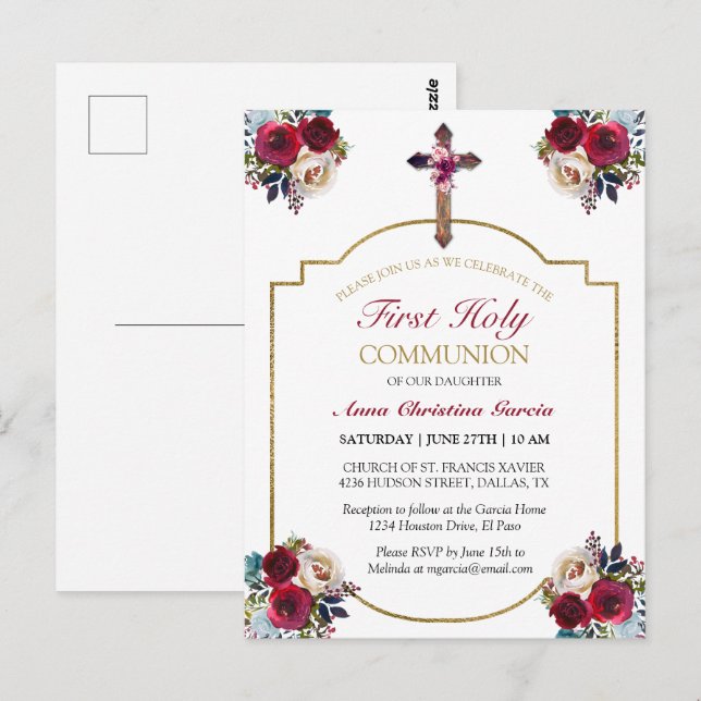 Elegant Rose Floral Gold First Holy Communion Postcard (Front/Back)