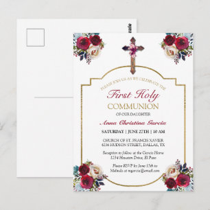 Elegant Rose Floral Gold First Holy Communion Postcard