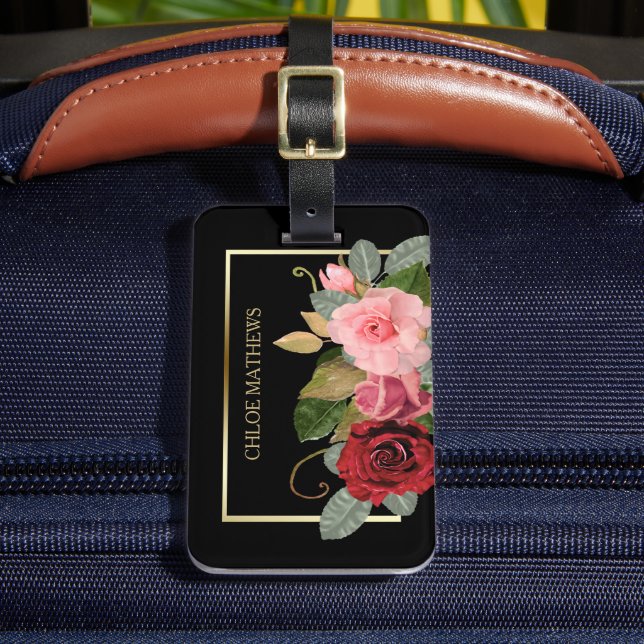 Elegant Rose Floral Gold Frame  Luggage Tag (Front Insitu 2)