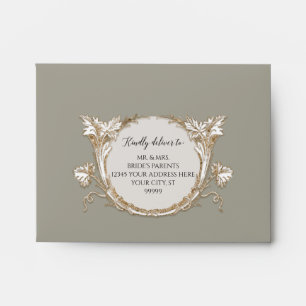 Elegant Rose Floral Gold Sage Green Wedding RSVP Envelope