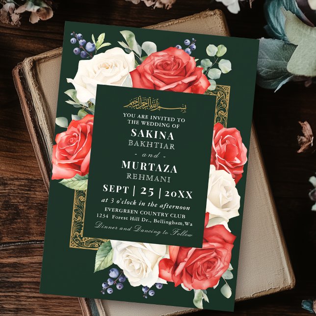 Elegant Rose Floral Green Muslim Wedding Invitation (Creator Uploaded)