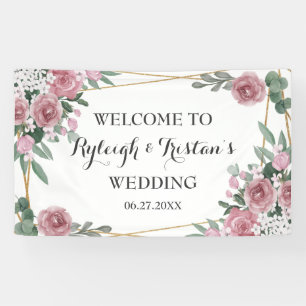 Elegant Rose Floral Greenery Gold Wedding Backdrop Banner