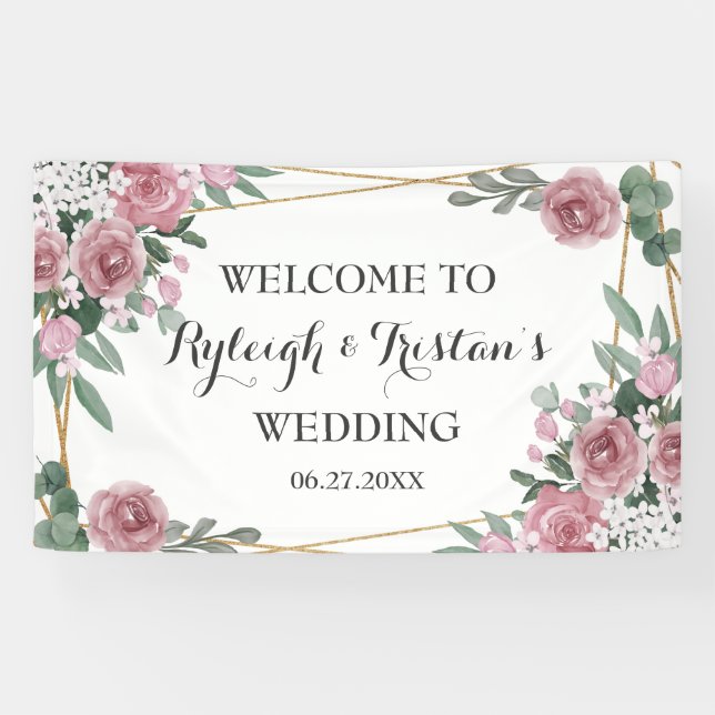 Elegant Rose Floral Greenery Gold Wedding Backdrop Banner (Horizontal)