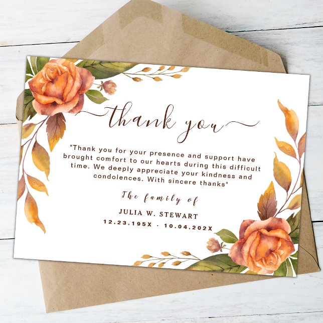 Elegant Rose Floral Modern Funeral Thank You Note Card (Creator Uploaded)