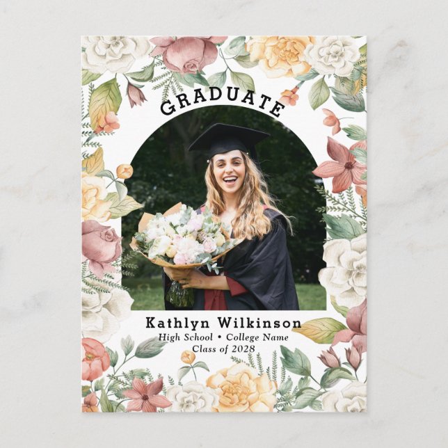 Elegant Rose Floral Photo Graduation Invitation Postcard (Front)