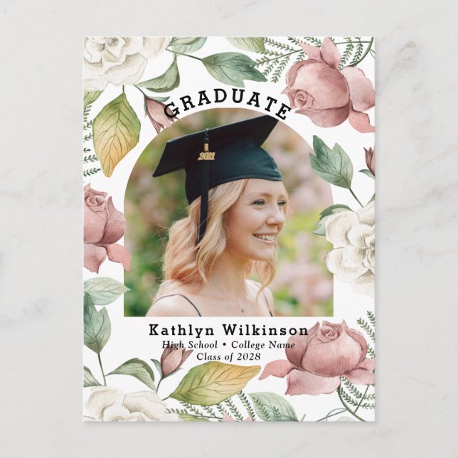Elegant Rose Floral Photo Graduation Invitation Postcard (Front)