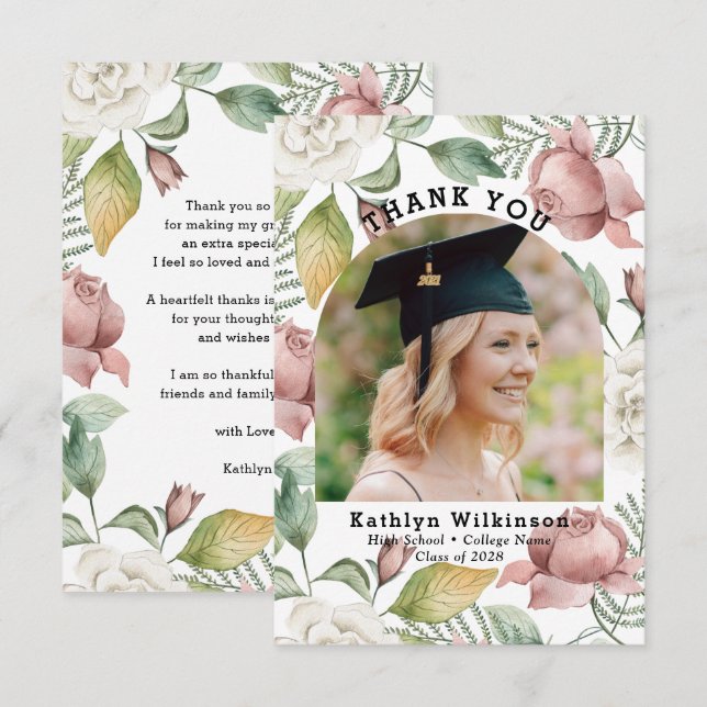 Elegant Rose Floral Photo Graduation Thank You  Card (Front/Back)