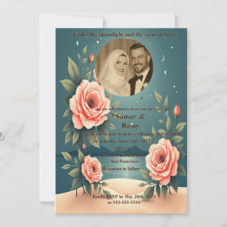 Elegant Rose Floral Starry Night Photo Muslim Wedd Invitation