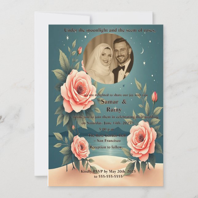 Elegant Rose Floral Starry Night Photo Muslim Wedd Invitation (Front)