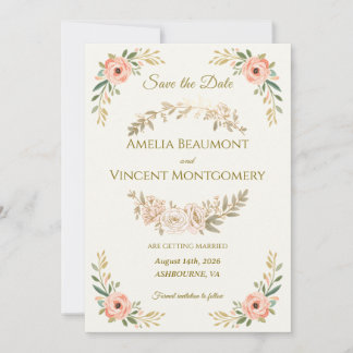 Elegant Rose Floral Watercolor Save the Date Card