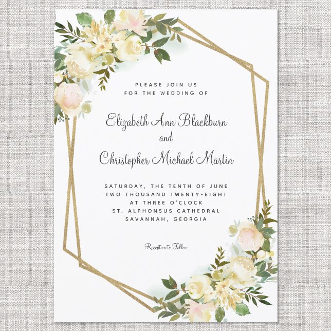 Elegant Rose Floral Wedding Gold Geometric White Invitation (Creator Uploaded)