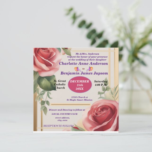 Elegant Rose Floral  Wedding   Invitation (Standing Front)