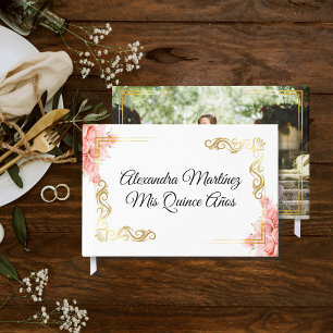Elegant Rose Floral White Gold Frame Quinceañera Guest Book