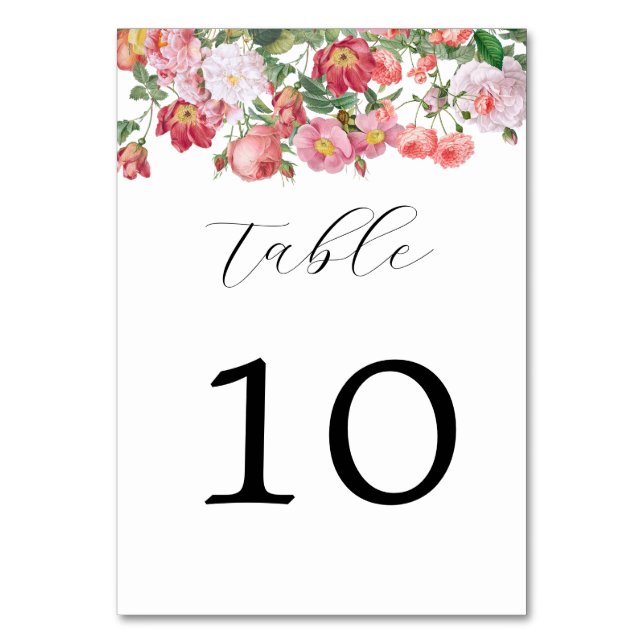 Elegant Rose Florals Wedding Table Number (Front)