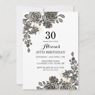Elegant Rose Flower Black & Gold Birthday Invitation