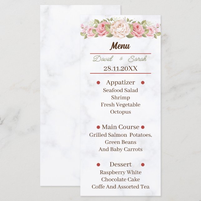 Elegant Rose Flower Custom Wedding Dinner Menu (Front/Back)