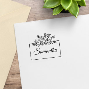 Elegant Rose Flowers Bouquet Frame Custom Name 1x1 Rubber Stamp