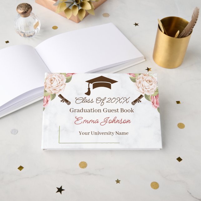 Elegant Rose Flowers Graduation Customisable Guest Book (Front Open)
