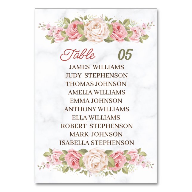 Elegant Rose Flowers Personalised Wedding Table Number (Front)