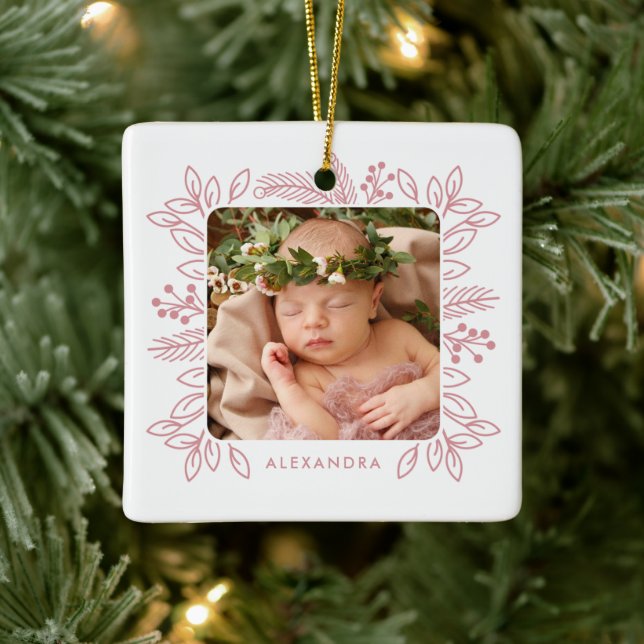 Elegant Rose Foliage Frame First Christmas Photo Ceramic Ornament (Tree)