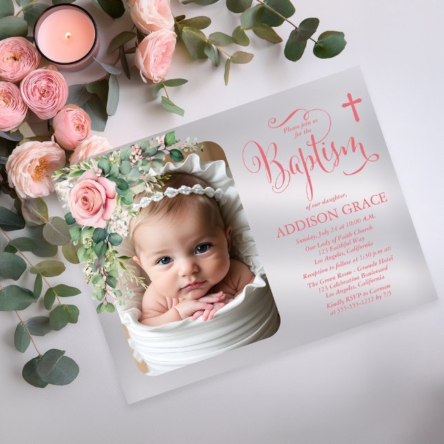 Elegant Rose Garden - Girl Baptism  Acrylic Invitations (Elegant Rose Garden Eucalyptus Girl Baptism Photo Acrylic Invitation)