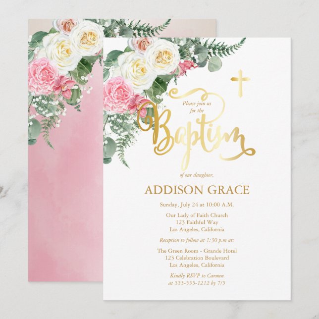 Elegant Rose Garden - Girl Baptism - Faux Gold Invitation (Front/Back)