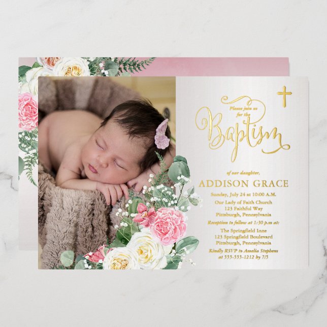 Elegant Rose Garden - Girl Photo Baptism - Gold (Front/Back)