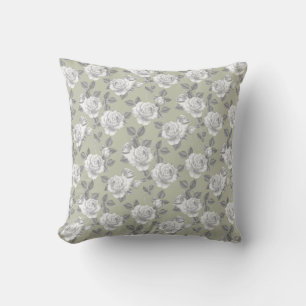 Elegant Rose Garden in Light Sage Green Cushion