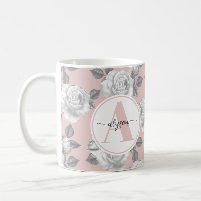 Elegant Rose Garden in Pink Monogram Mug (Left)