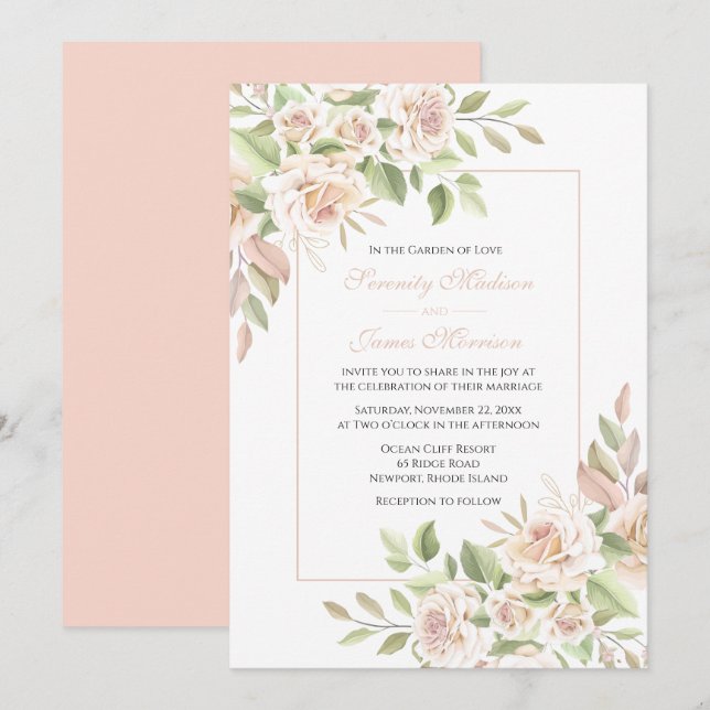 Elegant Rose Garden Pink Floral Wedding Invitation (Front/Back)