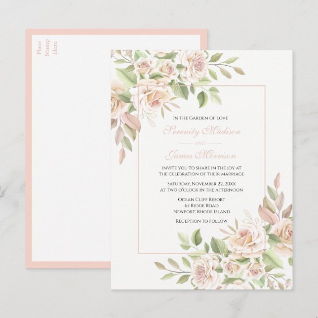 Elegant Rose Garden Pink Floral Wedding Invitation Postcard (Front/Back)