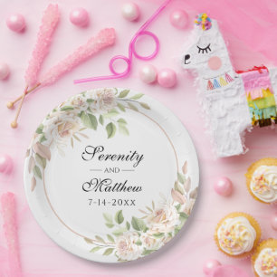 Elegant Rose Garden Pink Floral Wedding Paper Plate