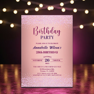 Elegant Rose Glitter Metallic Pink 28th Birthday  Invitation