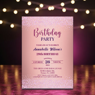 Elegant Rose Glitter Metallic Pink 29th Birthday  Invitation