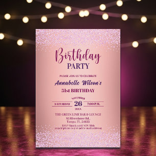 Elegant Rose Glitter Metallic Pink 51st Birthday Invitation