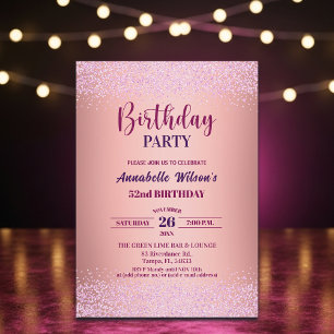 Elegant Rose Glitter Metallic Pink 52nd Birthday  Invitation