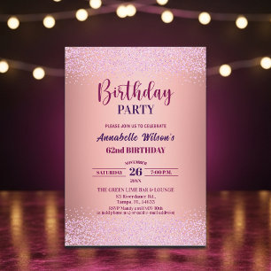 Elegant Rose Glitter Metallic Pink 62nd Birthday Invitation