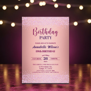 Elegant Rose Glitter Metallic Pink 89th Birthday Invitation