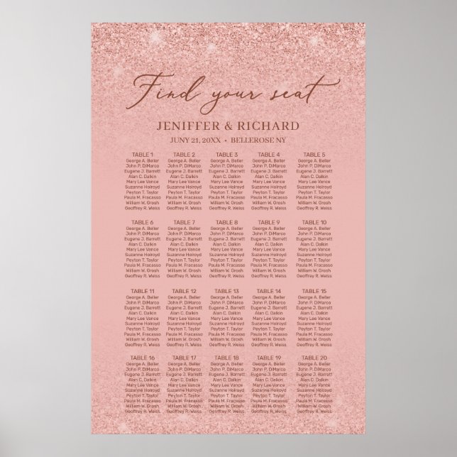 Elegant rose gold 20 tables wedding seating chart (Front)