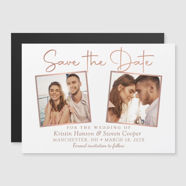 Elegant Rose Gold 2 Photo Save the Date Magnet (Front/Back)