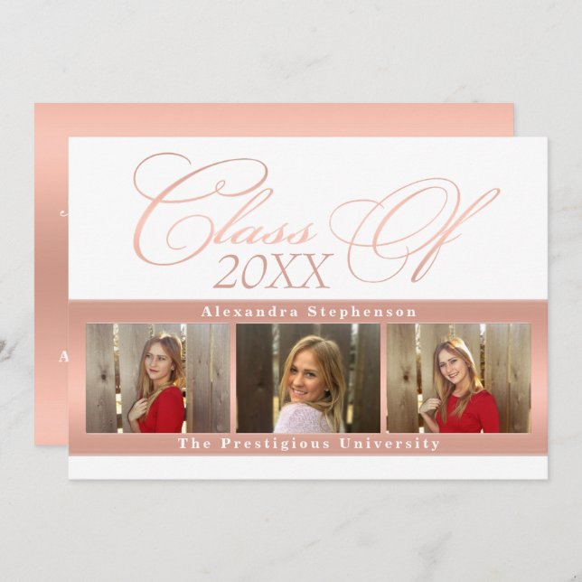 Elegant Rose Gold 3 Photo Graduation Announcement (Front/Back)