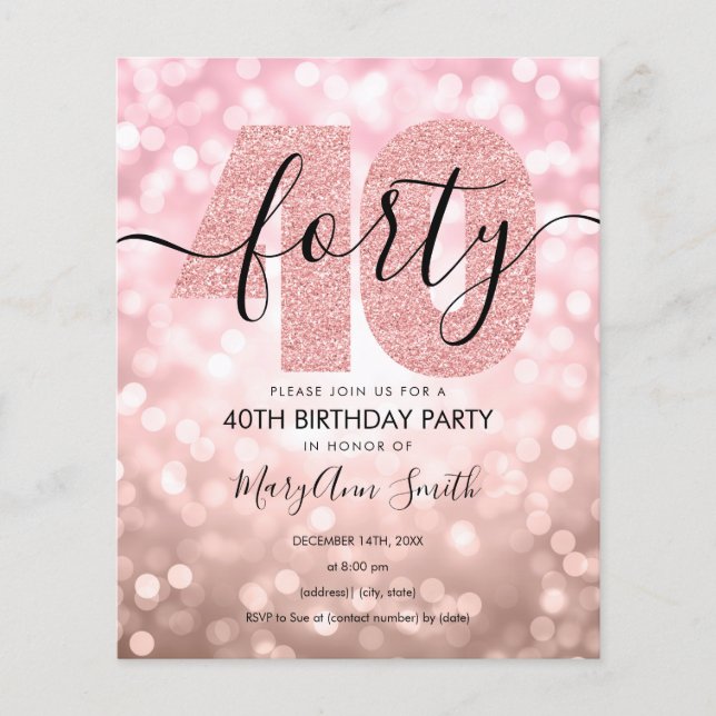 Elegant Rose Gold 40th Birthday Party Invite (Front)