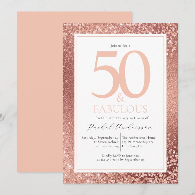 Elegant Rose Gold 50 and Fabulous 50th Birthday In Invitation (Front/Back)