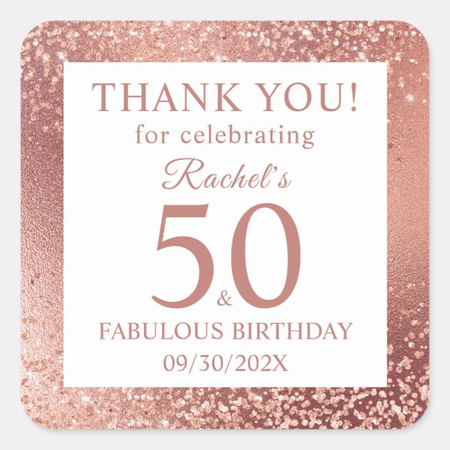 Elegant Rose Gold 50th Birthday Thank You Square Sticker (Front)