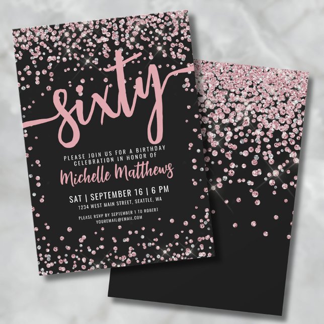 Elegant Rose Gold 60th Birthday Invitation (Rose Gold Glitter 60th Birthday Invitation)