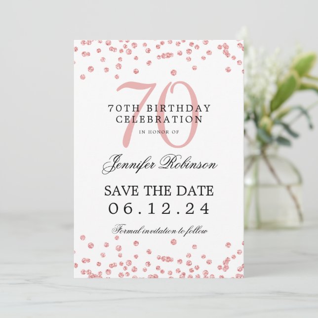 Elegant Rose Gold 70th Birthday Save Date Confetti Invitation (Standing Front)